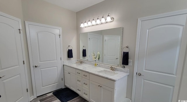 bathroom with vanity and wood-type flooring