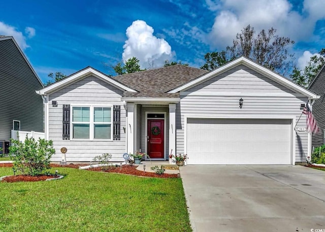 single story home featuring a garage, a front lawn, concrete driveway, and roof with shingles