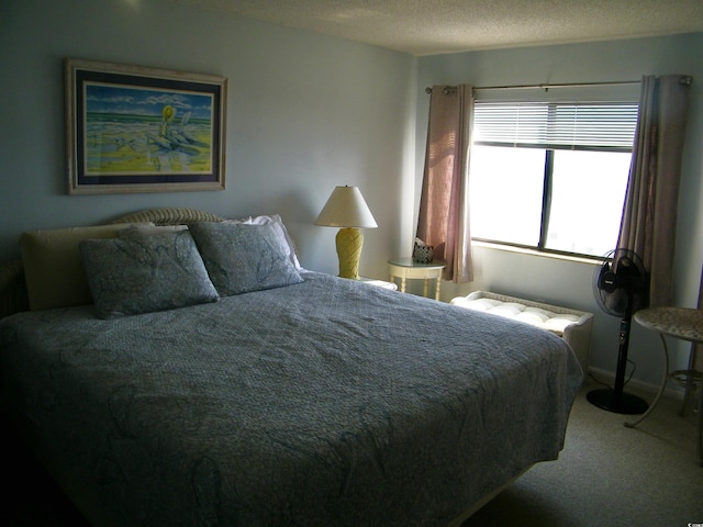 carpeted bedroom with a textured ceiling