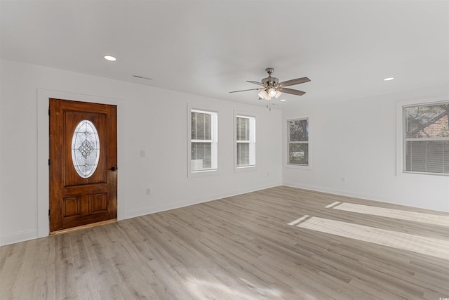 entrance foyer with light wood-style floors, ceiling fan, baseboards, and recessed lighting