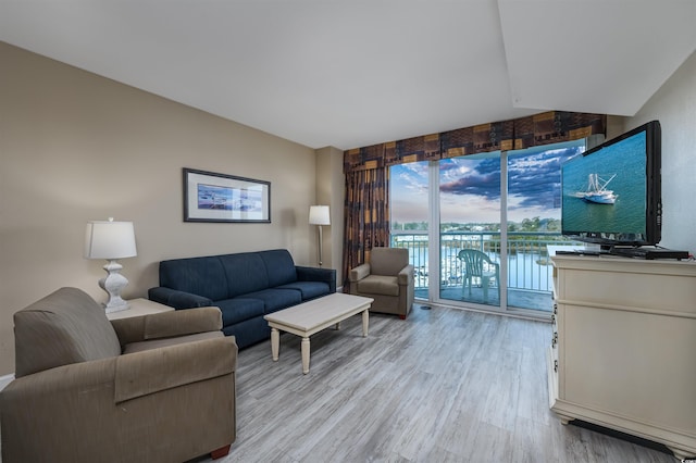 living room featuring floor to ceiling windows and light hardwood / wood-style flooring