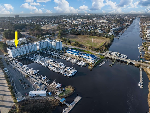 drone / aerial view featuring a water view