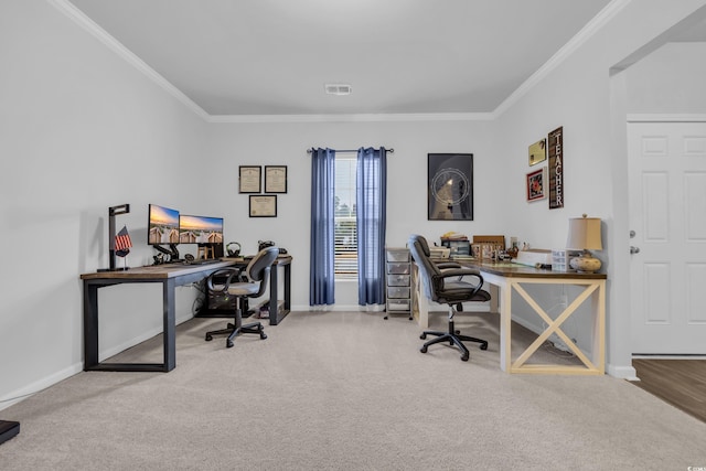 carpeted home office with ornamental molding