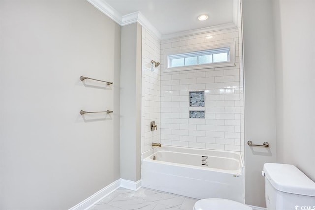 full bath featuring shower / bathing tub combination, crown molding, baseboards, toilet, and marble finish floor