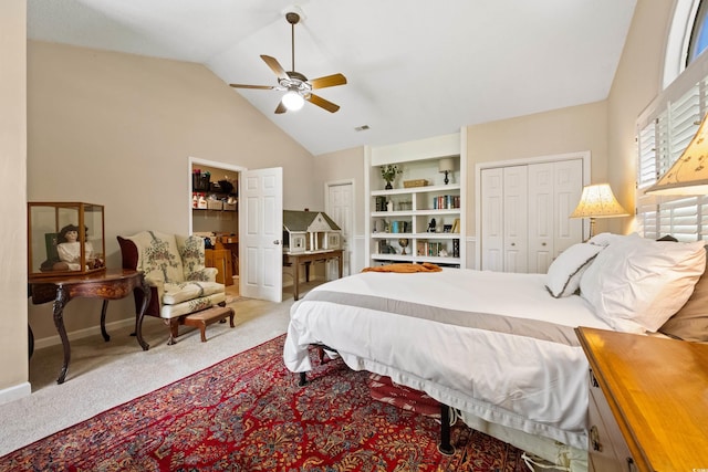 carpeted bedroom with lofted ceiling and ceiling fan