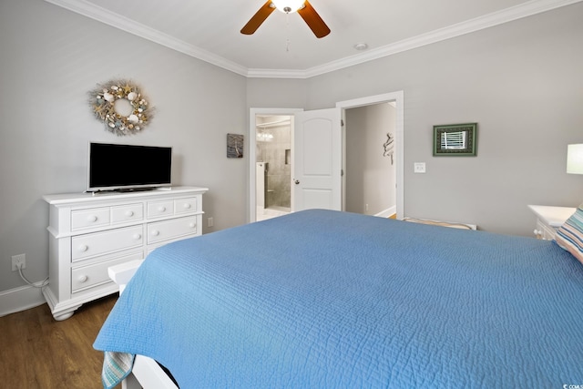 bedroom with crown molding, dark hardwood / wood-style floors, ceiling fan, and ensuite bathroom