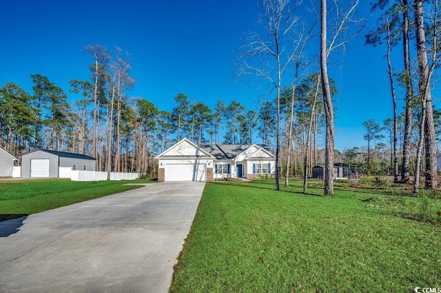 ranch-style home featuring a garage and a front lawn