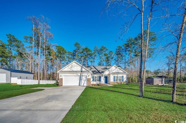 ranch-style house featuring a garage and a front yard