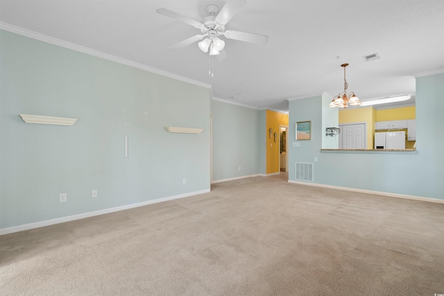 1529 Lanterns Rest Dr Unit 201, Myrtle Beach, SC 29579 - unfurnished living room with ornamental molding, a chandelier, ceiling fan, carpet floors, and baseboards