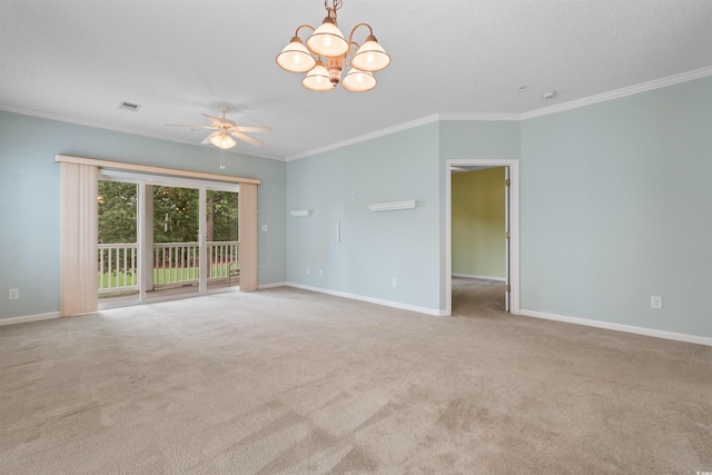 1529 Lanterns Rest Dr Unit 201, Myrtle Beach, SC 29579 - unfurnished living room featuring crown molding, a chandelier, ceiling fan, baseboards, and carpet flooring