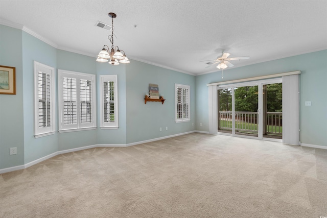 1529 Lanterns Rest Dr Unit 201, Myrtle Beach, SC 29579 - carpeted empty room featuring ceiling fan, ornamental molding, a chandelier, baseboards, and a textured ceiling