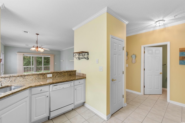 1529 Lanterns Rest Dr Unit 201, Myrtle Beach, SC 29579 - kitchen with dishwasher, light tile patterned floors, white cabinetry, a chandelier, and baseboards