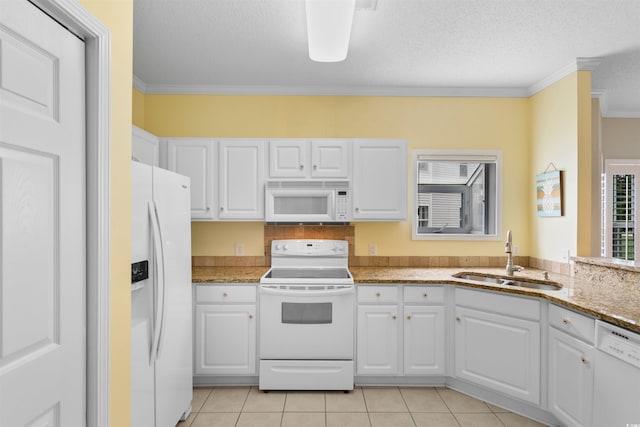 1529 Lanterns Rest Dr Unit 201, Myrtle Beach, SC 29579 - kitchen with white appliances, a sink, ornamental molding, white cabinets, and light tile patterned floors