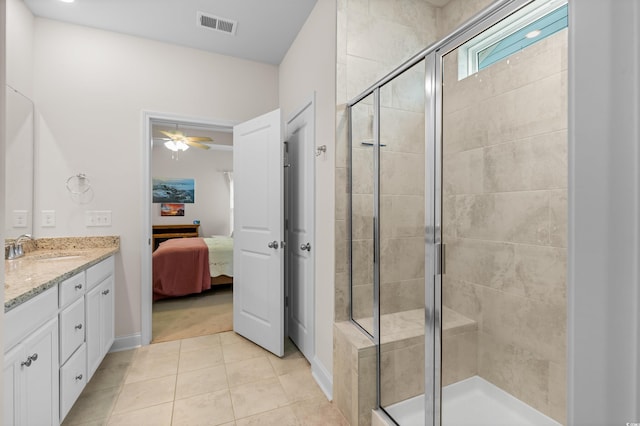 bathroom featuring ensuite bath, visible vents, tile patterned flooring, and a shower stall