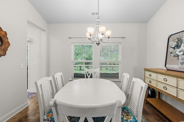 dining area featuring a chandelier, visible vents, baseboards, and dark wood-style floors