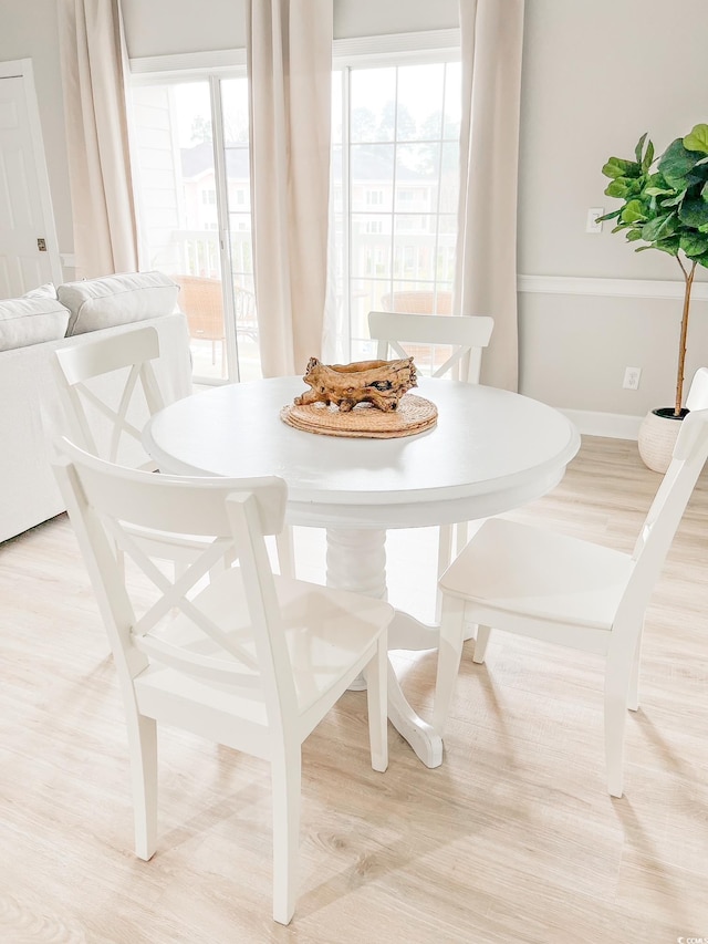 dining area featuring wood finished floors and baseboards