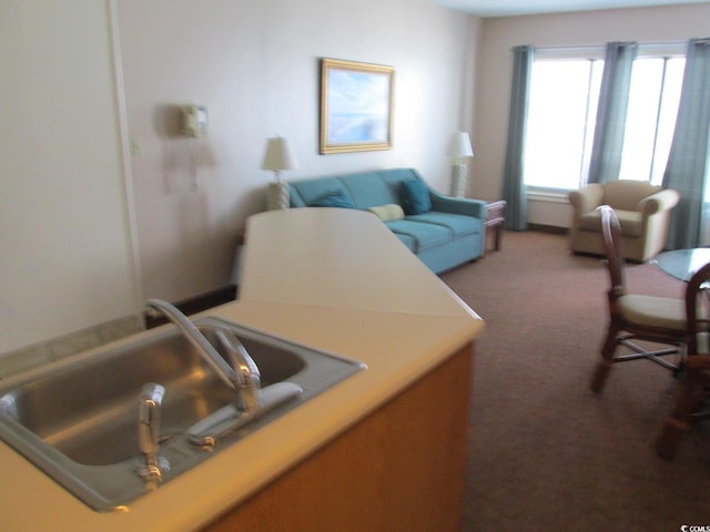 carpeted living area with a sink