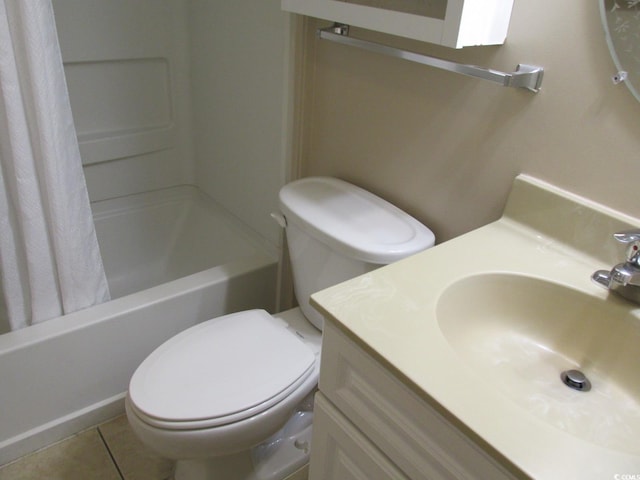 full bathroom with vanity, tile patterned floors, shower / tub combo, and toilet