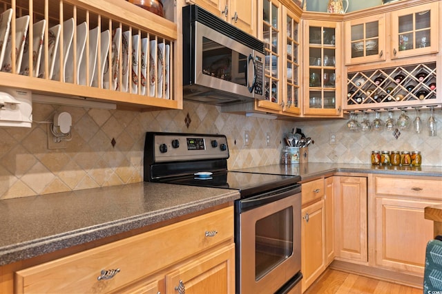 kitchen featuring light hardwood / wood-style flooring, stainless steel appliances, and decorative backsplash