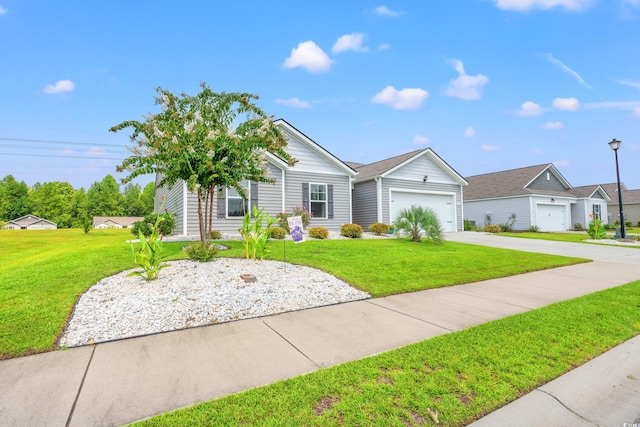 ranch-style home with a front lawn and a garage