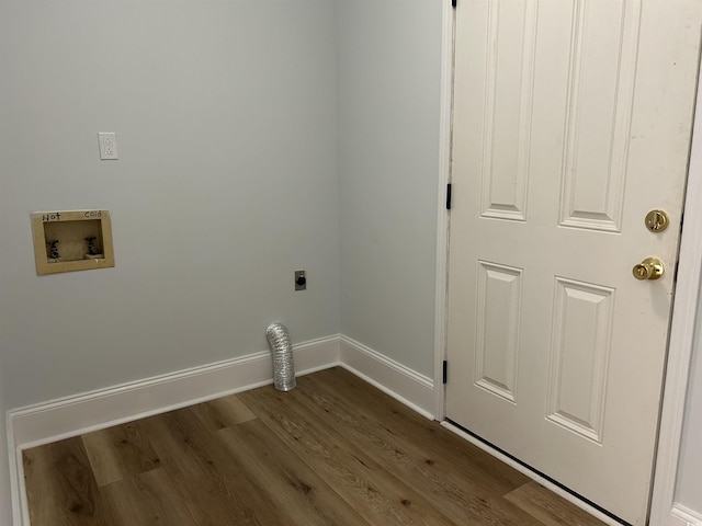 laundry area featuring hookup for a washing machine, laundry area, wood finished floors, baseboards, and electric dryer hookup