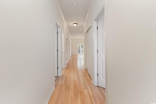 hallway featuring crown molding and light hardwood / wood-style floors