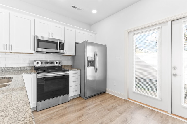 763 Moen Pl Unit 763-A, Myrtle Beach, SC 29577 - kitchen with stainless steel appliances, white cabinets, backsplash, light wood-type flooring, and recessed lighting