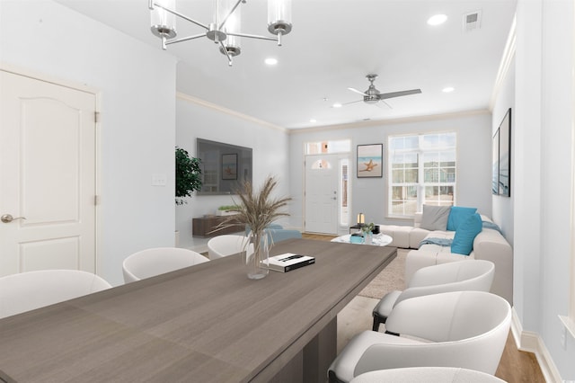 763 Moen Pl Unit 763-A, Myrtle Beach, SC 29577 - office area with ornamental molding, a ceiling fan, wood finished floors, recessed lighting, and a chandelier