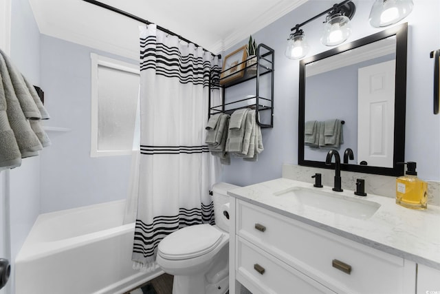 full bathroom with vanity, ornamental molding, toilet, and shower / bathtub combination with curtain