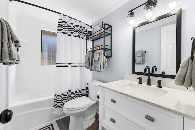 full bathroom featuring hardwood / wood-style flooring, vanity, ornamental molding, and shower / bath combination with curtain