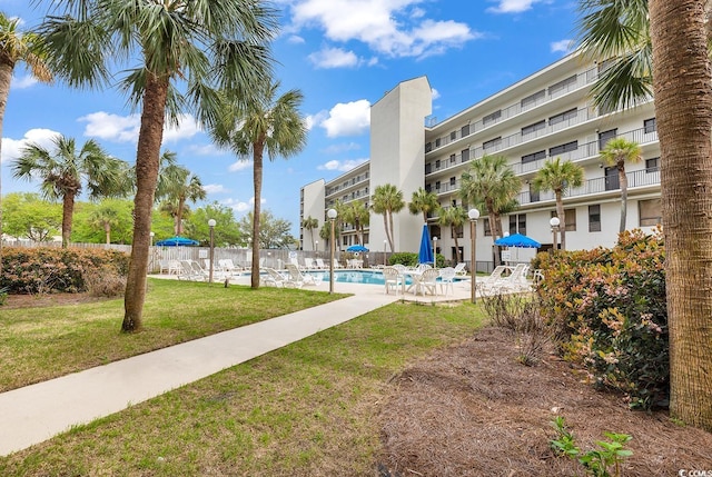 exterior space with a patio area, a swimming pool, and a lawn