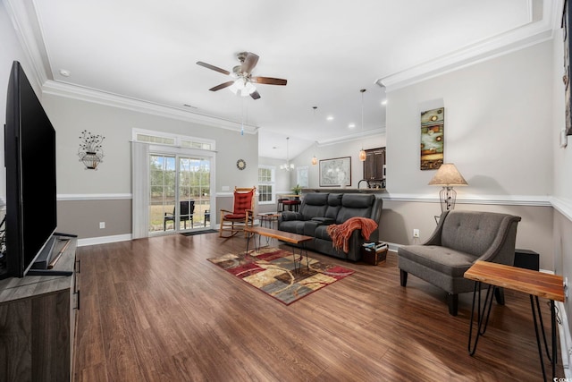 living room featuring recessed lighting, ornamental molding, wood finished floors, baseboards, and ceiling fan with notable chandelier