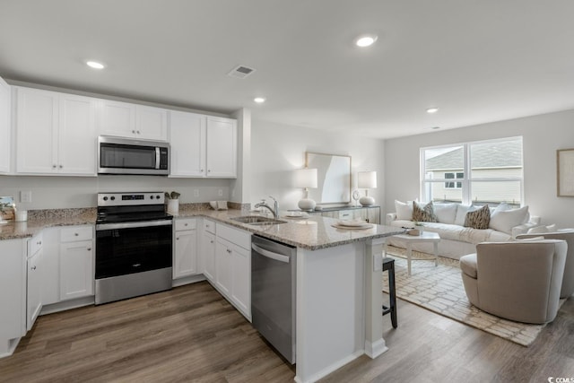 kitchen featuring stainless steel appliances, a peninsula, a sink, white cabinetry, and open floor plan