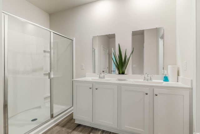 bathroom featuring a sink, double vanity, wood finished floors, and a shower stall