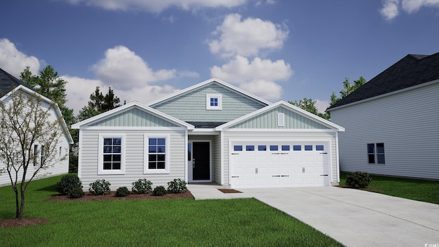 view of front of house with a garage, a front lawn, and board and batten siding