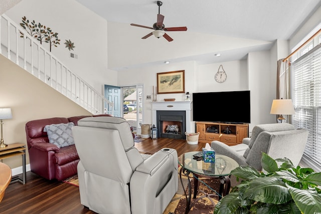 118 Gully Branch Ln Unit 3, Myrtle Beach, SC 29572 - living room with ceiling fan, dark wood-style flooring, a fireplace, and a wealth of natural light