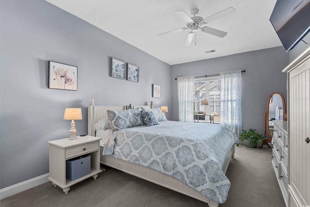 118 Gully Branch Ln Unit 3, Myrtle Beach, SC 29572 - bedroom with ceiling fan, baseboards, visible vents, and dark colored carpet