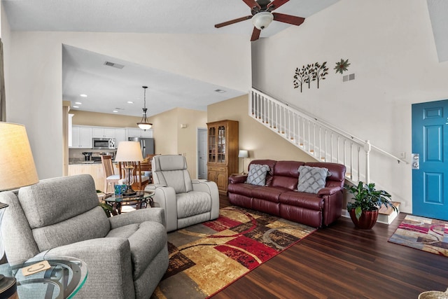 118 Gully Branch Ln Unit 3, Myrtle Beach, SC 29572 - living room featuring stairs, dark wood-type flooring, visible vents, and a ceiling fan
