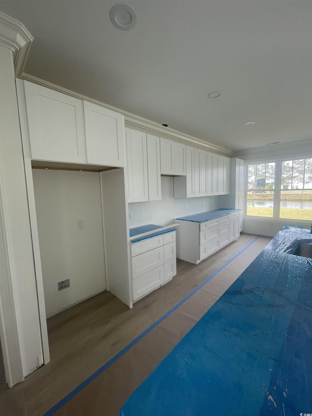 kitchen featuring wood finished floors and white cabinetry