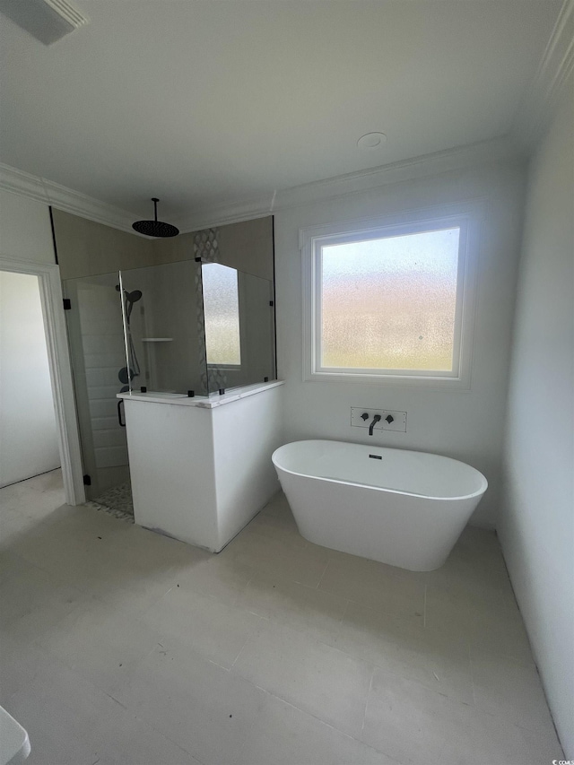 bathroom with crown molding, a walk in shower, and a freestanding bath