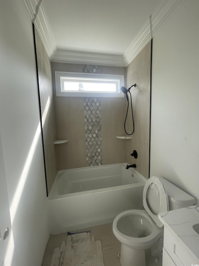 bathroom featuring crown molding, healthy amount of natural light, tub / shower combination, toilet, and vanity