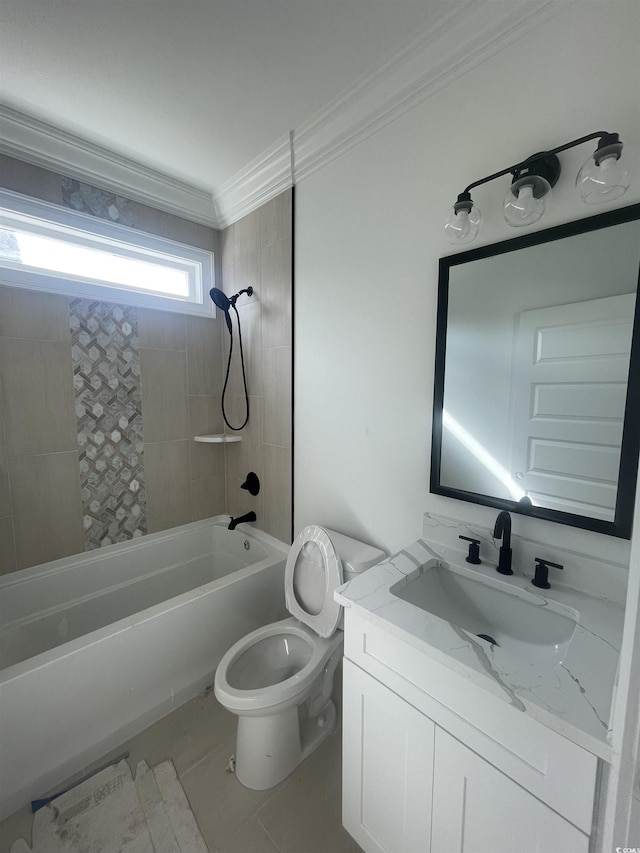 bathroom with crown molding, shower / washtub combination, toilet, vanity, and tile patterned floors