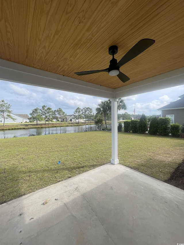 view of patio / terrace featuring a water view and a ceiling fan