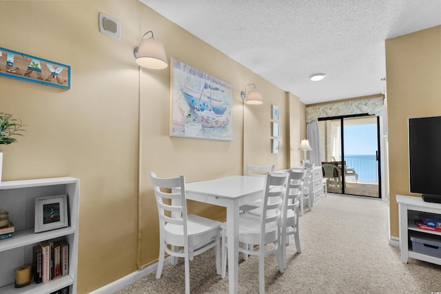 carpeted dining room featuring a textured ceiling