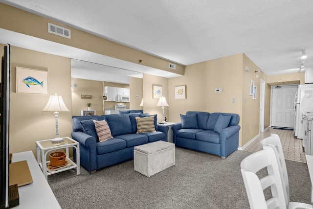 living room with carpet flooring and a textured ceiling