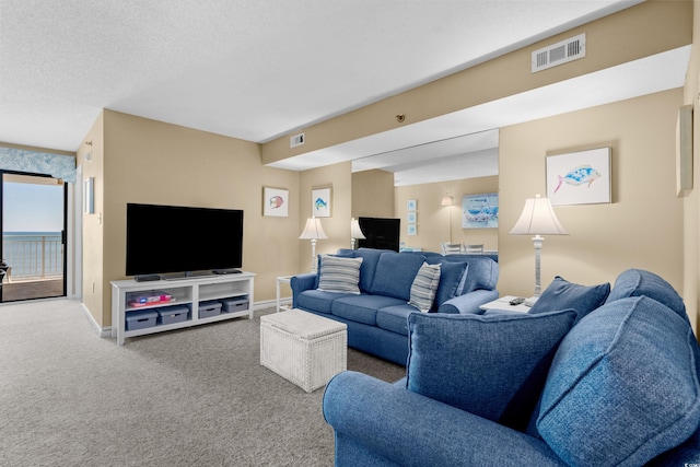 carpeted living room featuring a textured ceiling