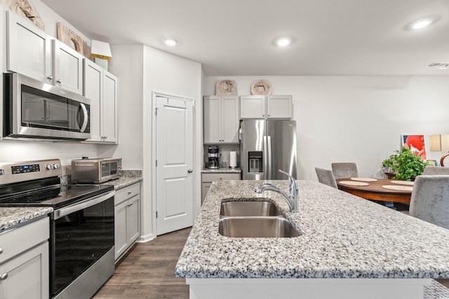 kitchen featuring appliances with stainless steel finishes, a sink, a kitchen island with sink, and a toaster