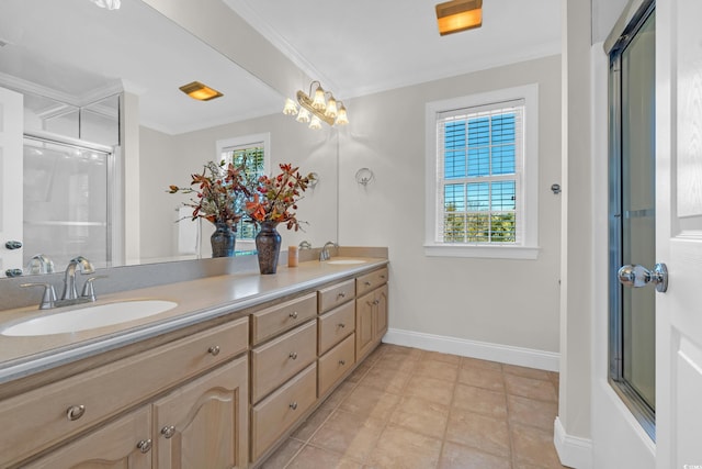 bathroom featuring crown molding, an enclosed shower, and vanity