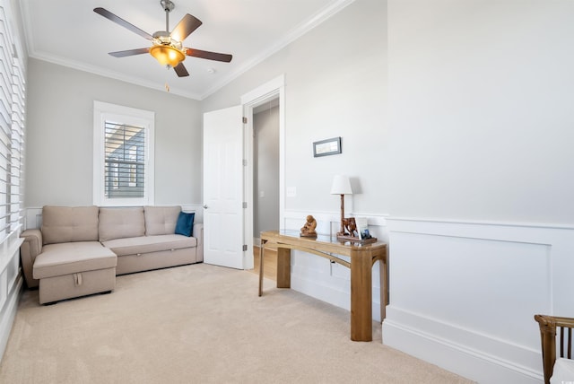 interior space with ceiling fan, crown molding, and light carpet