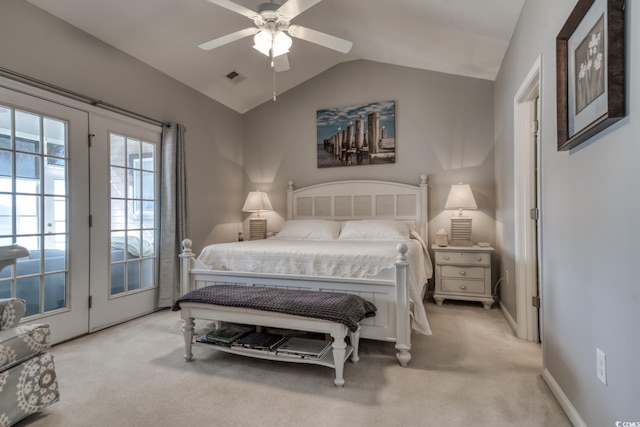 bedroom featuring visible vents, a ceiling fan, light carpet, vaulted ceiling, and access to outside